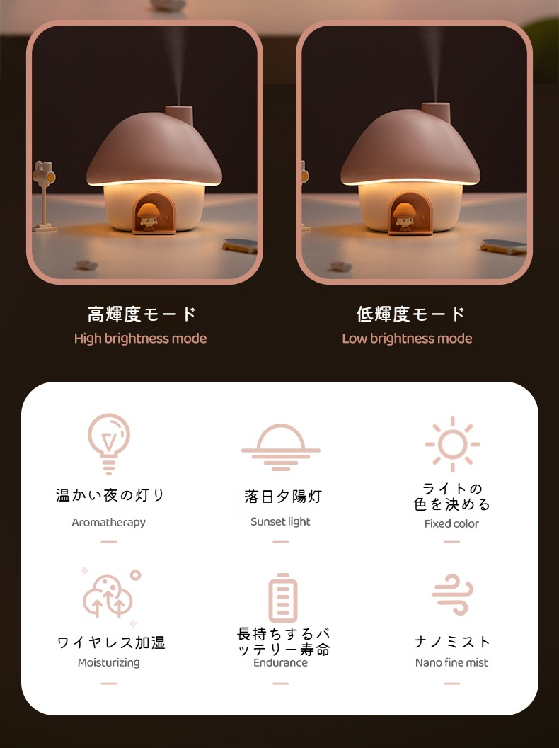 デスクトップに置かれた静音キノコ型加湿器