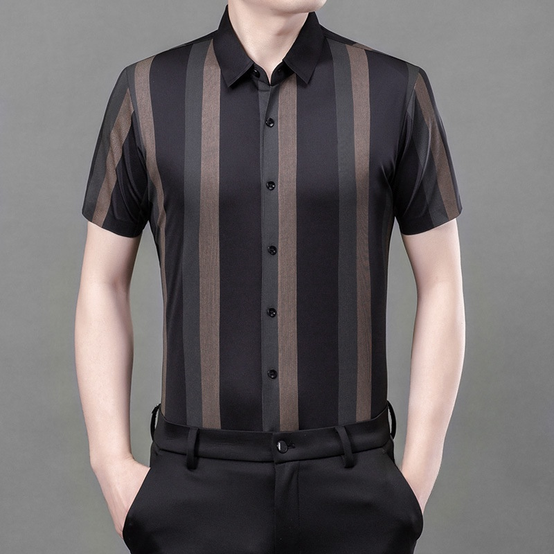 여름 날씬한 스트라이프 셔츠 아이스 쿨링 논스톱 중년 남자 반팔 상의