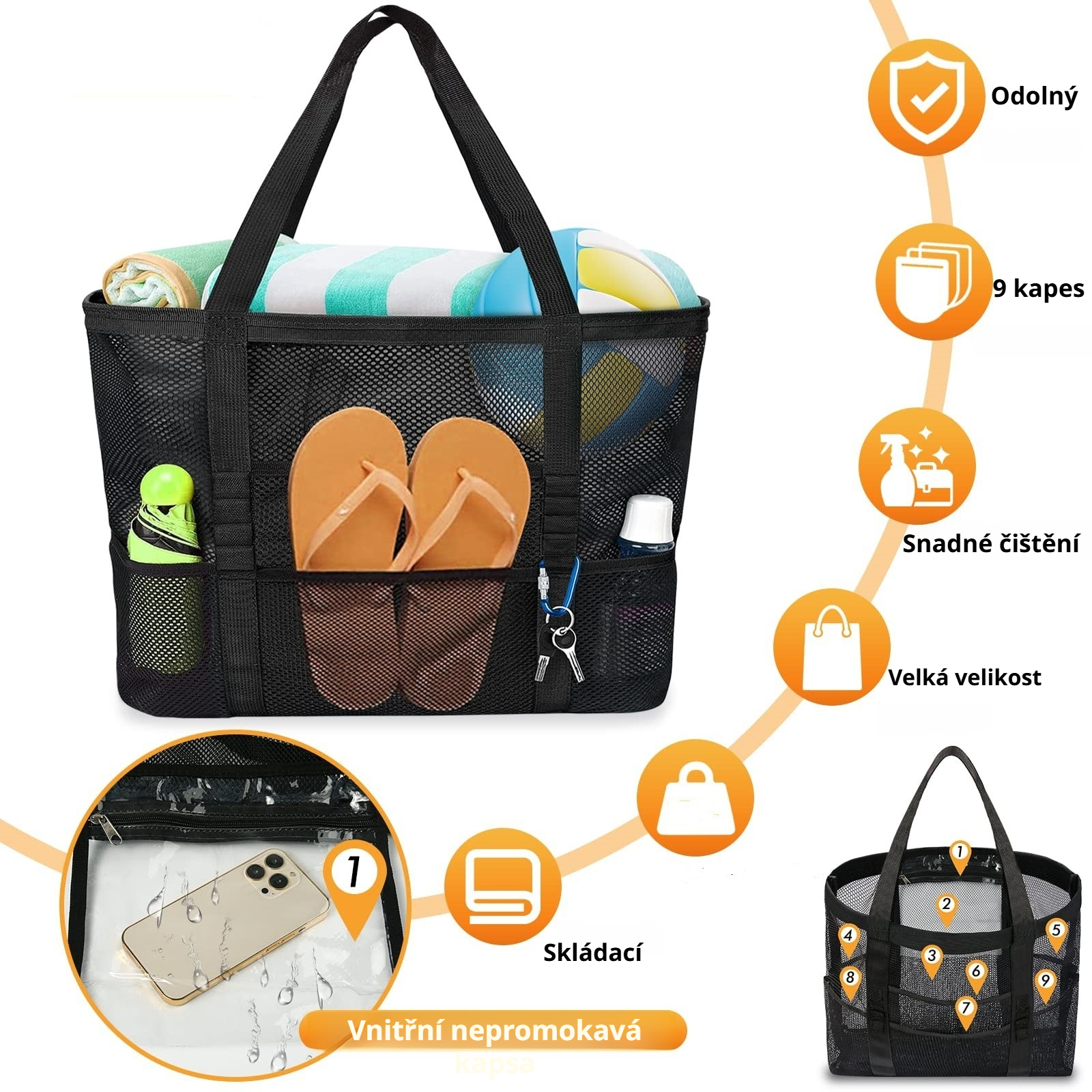 Síťovaná plážová taška, rodinná taška do ruky