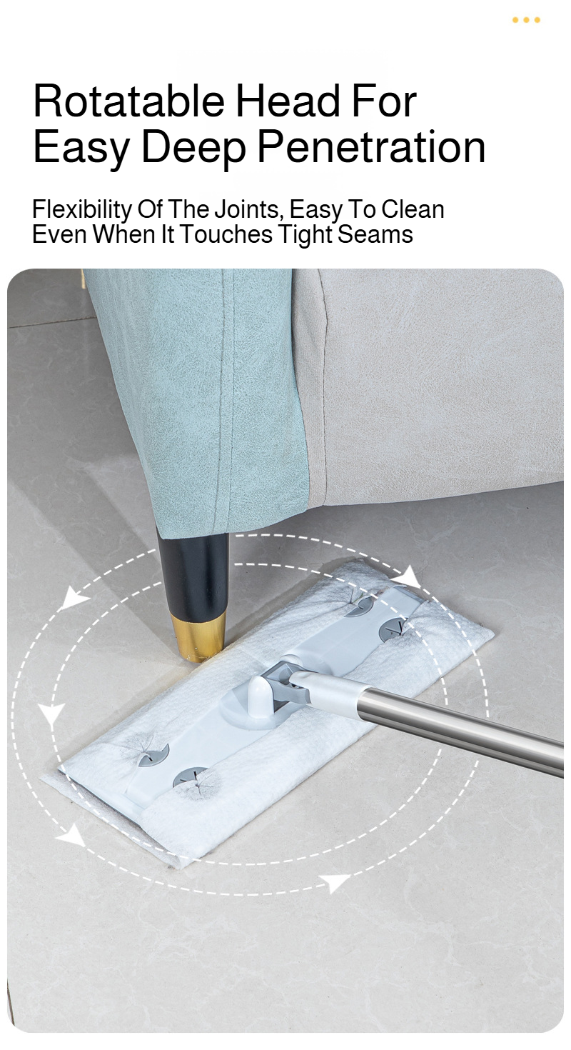Household cleaning mop with disposable wet wipes and static flat design