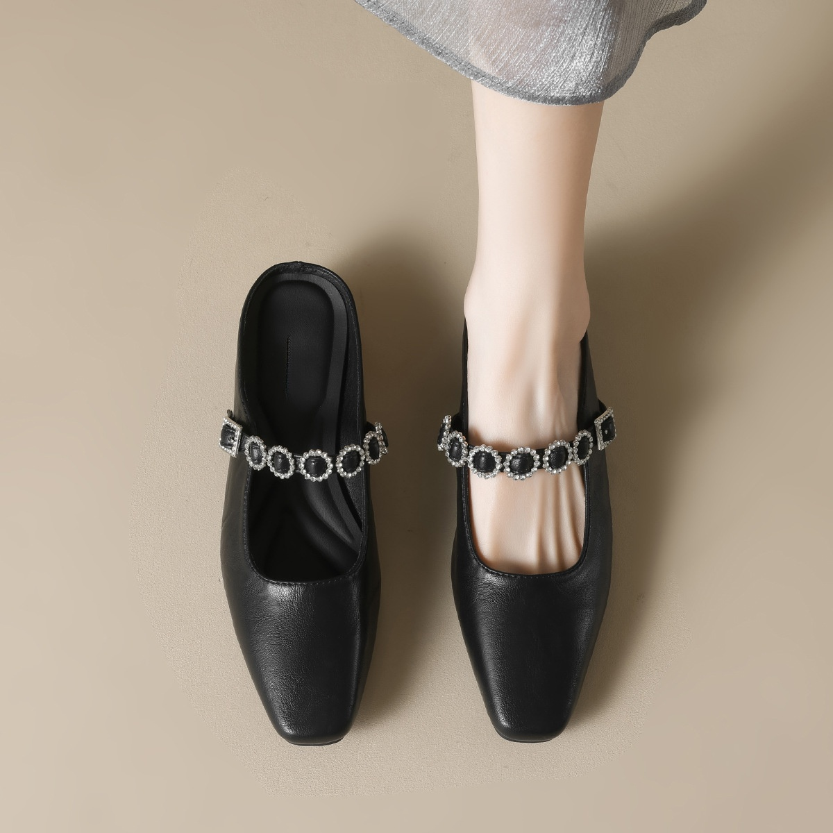 フレンチスタイルのクローズドトゥハーフスリッパ、レディース夏用スリッパ、アウトドア用ラインストーンサンダル、ゆったりとしたスリッポン厚ヒールサンダル