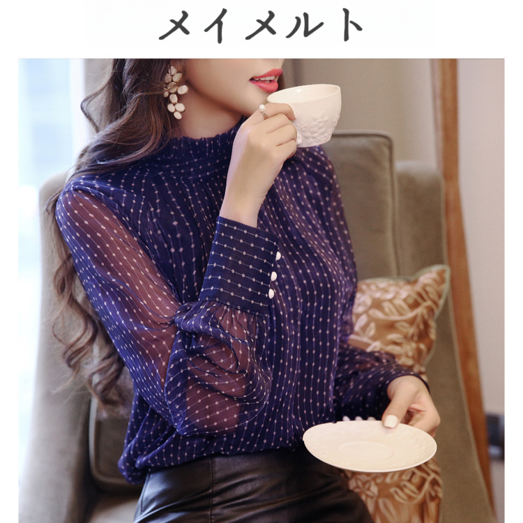 シャツ レディース 水玉シャツ 水玉柄 トップス シフォンシャツ リボンフリル Vネック 長袖 スリム チャーミング 可愛い デート 出張 通勤 OL 普段着 カジュアル フォーマル ロングシーズン