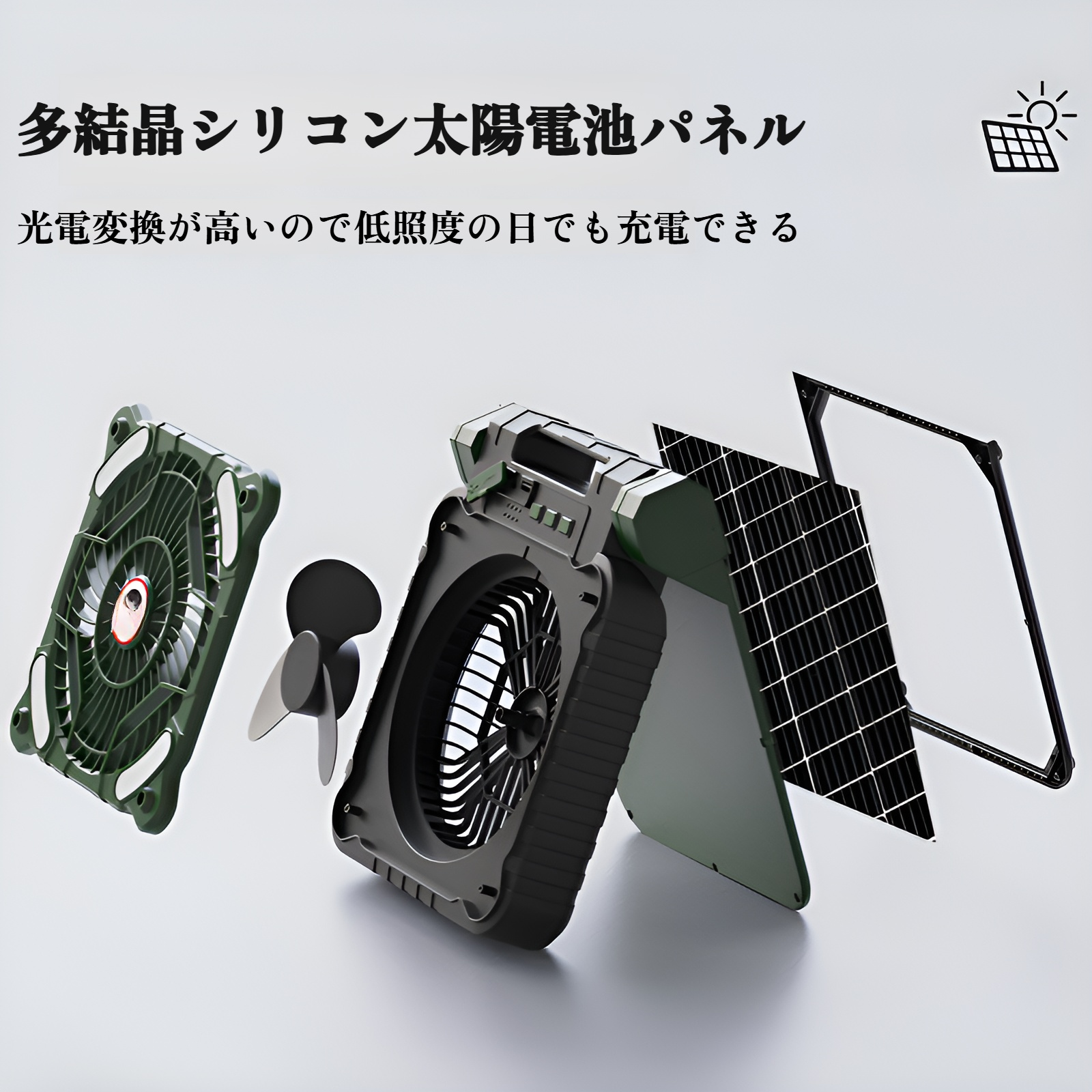 ソーラーファン、キャンプ用テント、小型ファン、充電式ナイトライト、ミニファン、ポータブルパワーバンクファン、屋外キャンプ用ファン