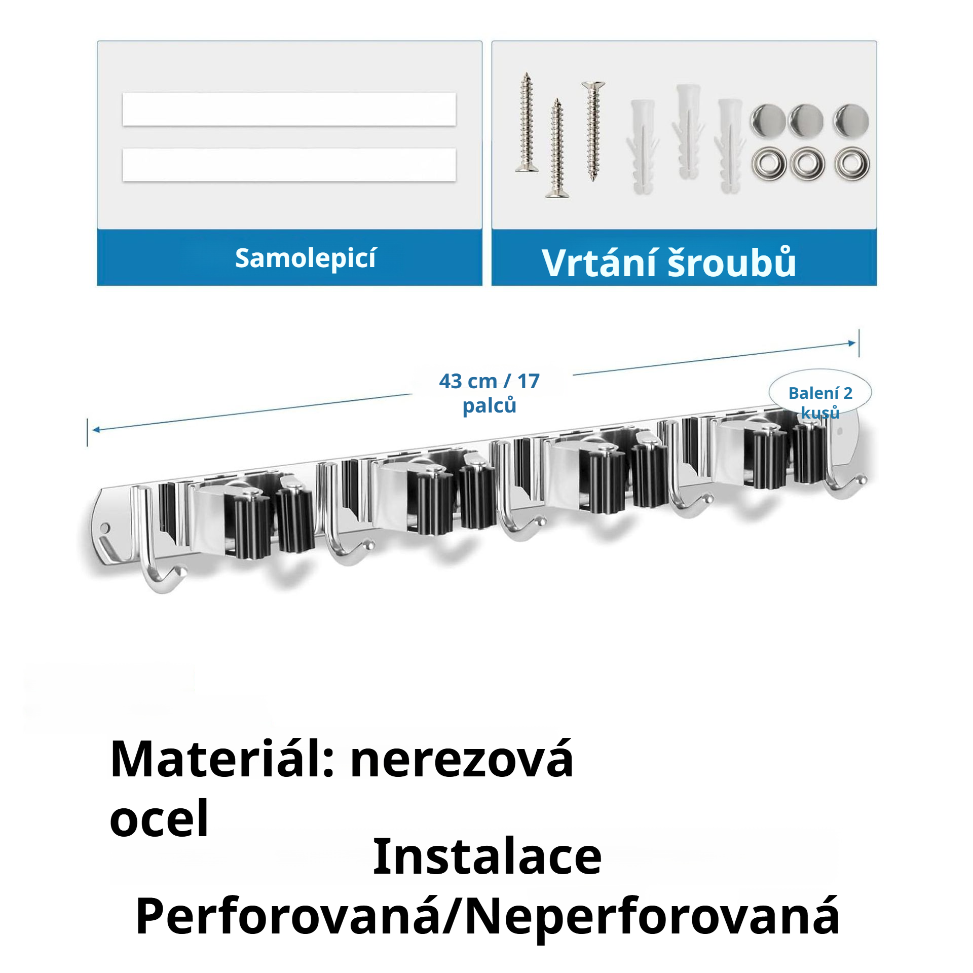 Odolný nástěnný držák na smeták a mop