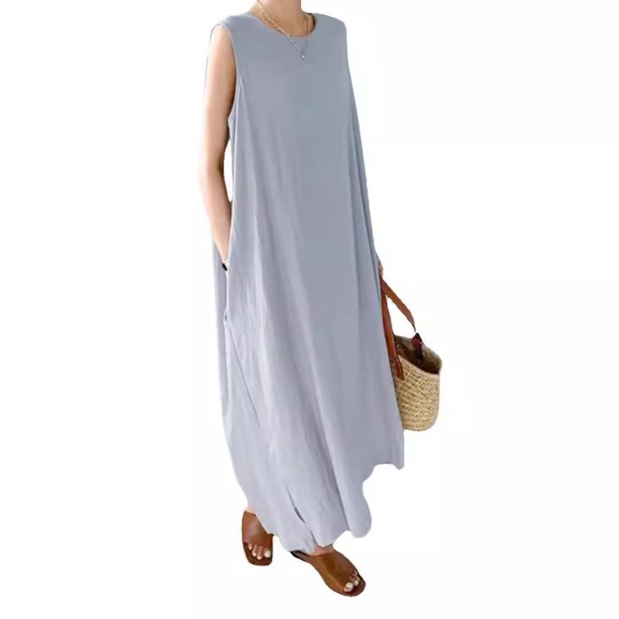 ベスト・ノースリーブ・ドレス ラウンドネック良質7色スプリットドレス