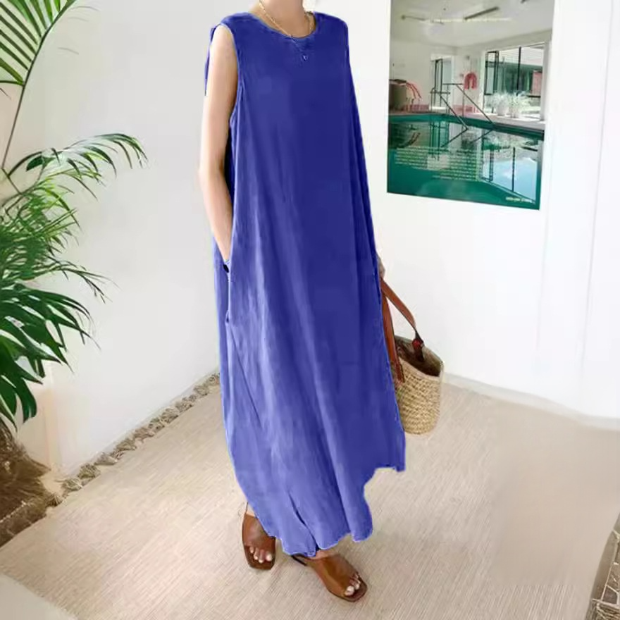 ベスト・ノースリーブ・ドレス ラウンドネック良質7色スプリットドレス