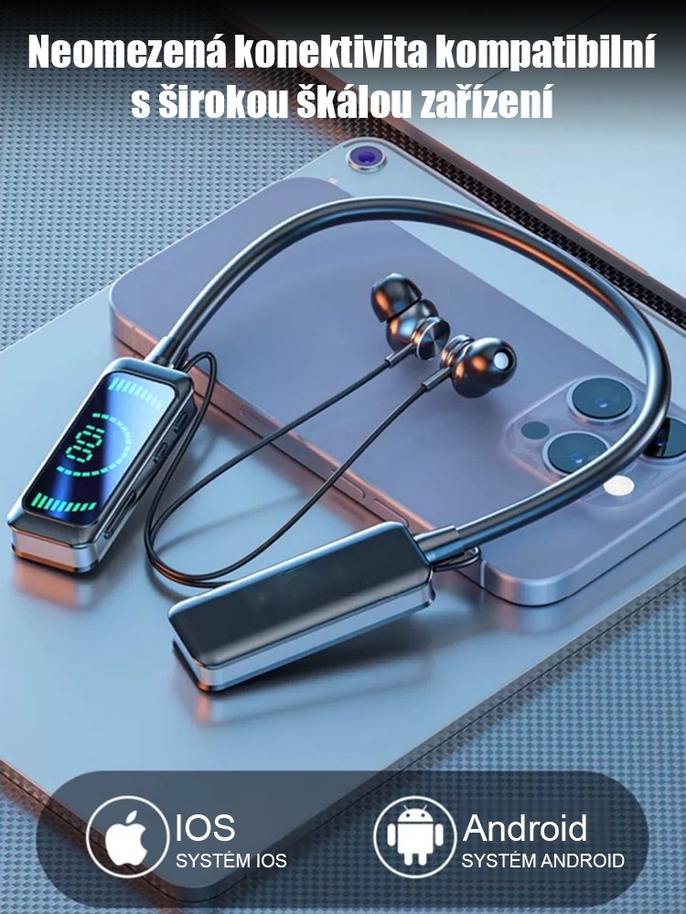 Bezdrátová bluetooth sluchátka na krk pro karaoke.