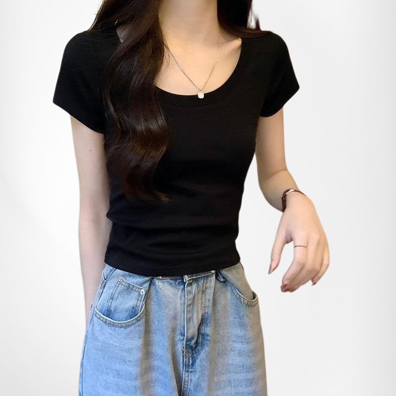 Damen Skinny Stretch Kurzarm Rundhals T-Shirt