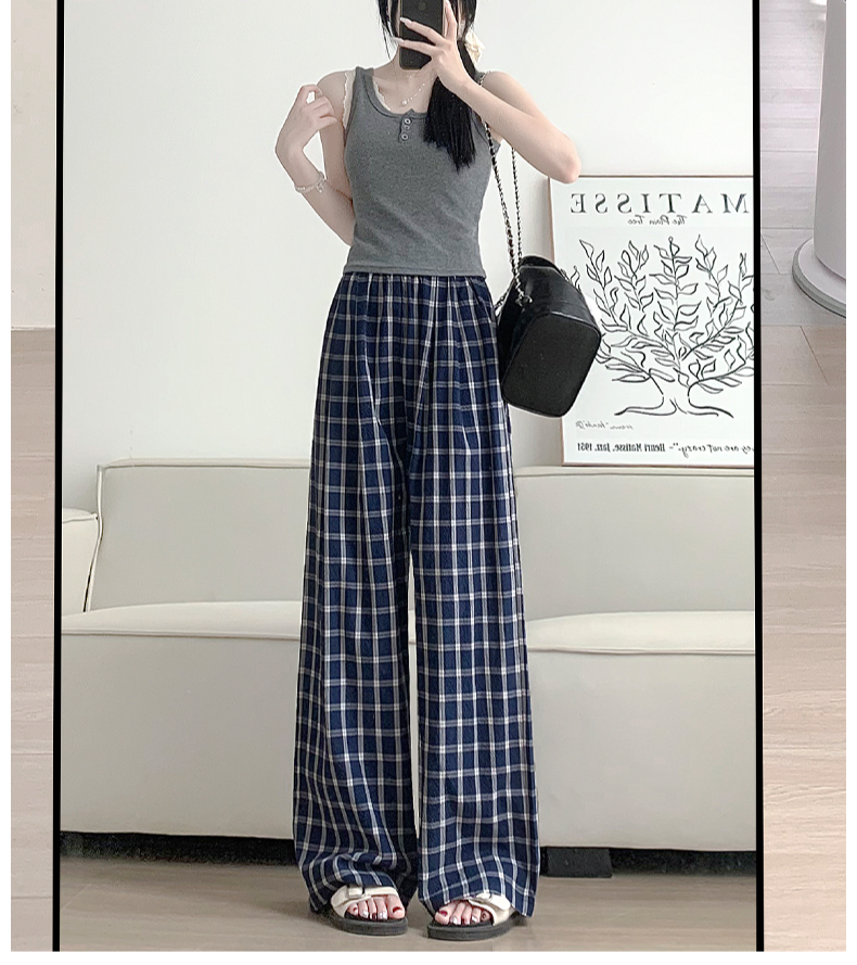 ハイウエストラフ感チェック柄ワイドパンツ全体画像