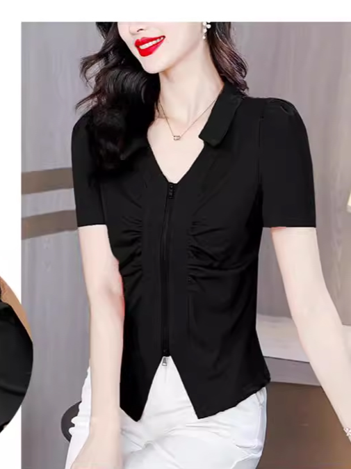 여성 셔링 더블 지퍼 티셔츠