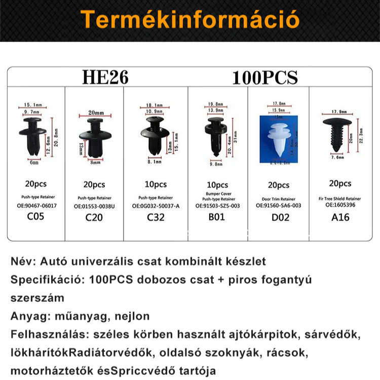 Autó univerzális csat kombinált készlet