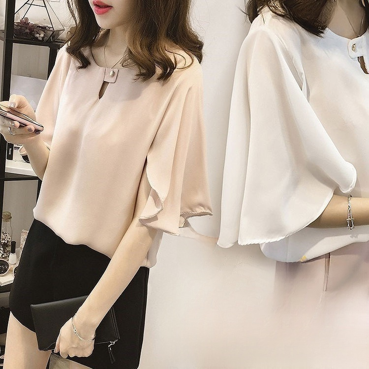 シフォンシャツ  tシャツ ブラウス 無地 カジュアル ゆったり フレアスリーブ 通気 おしゃれ