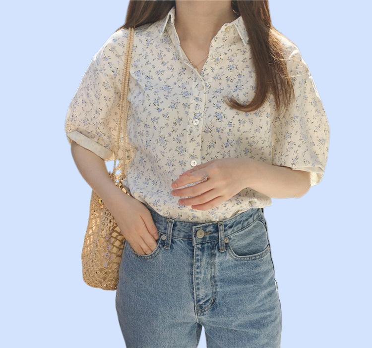 프렌치 터틀넥 플라워 반팔