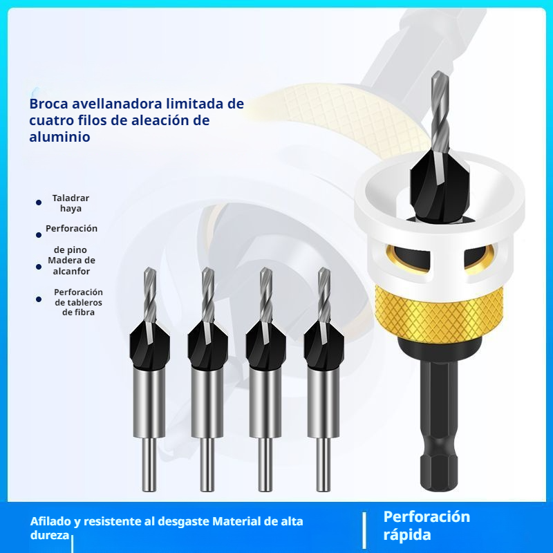 Broca avellanadora de cuatro filos con cabeza de aleación y orificio cónico