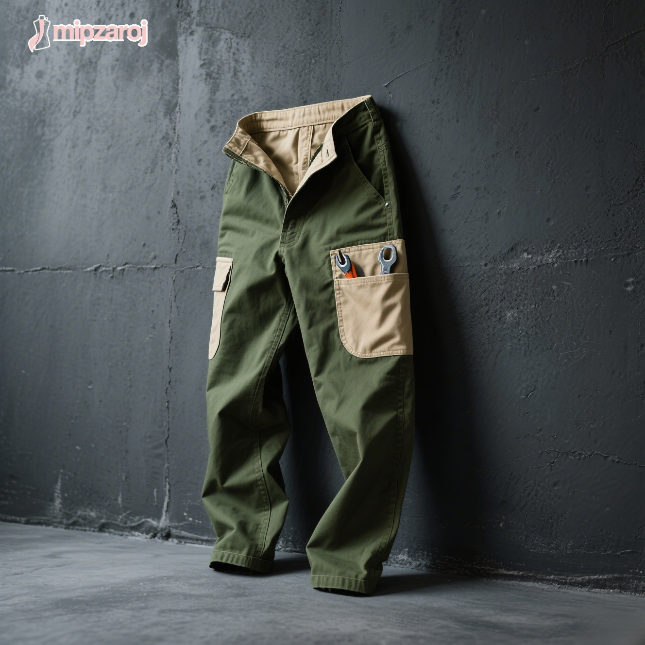 軍緑色のワークパンツ