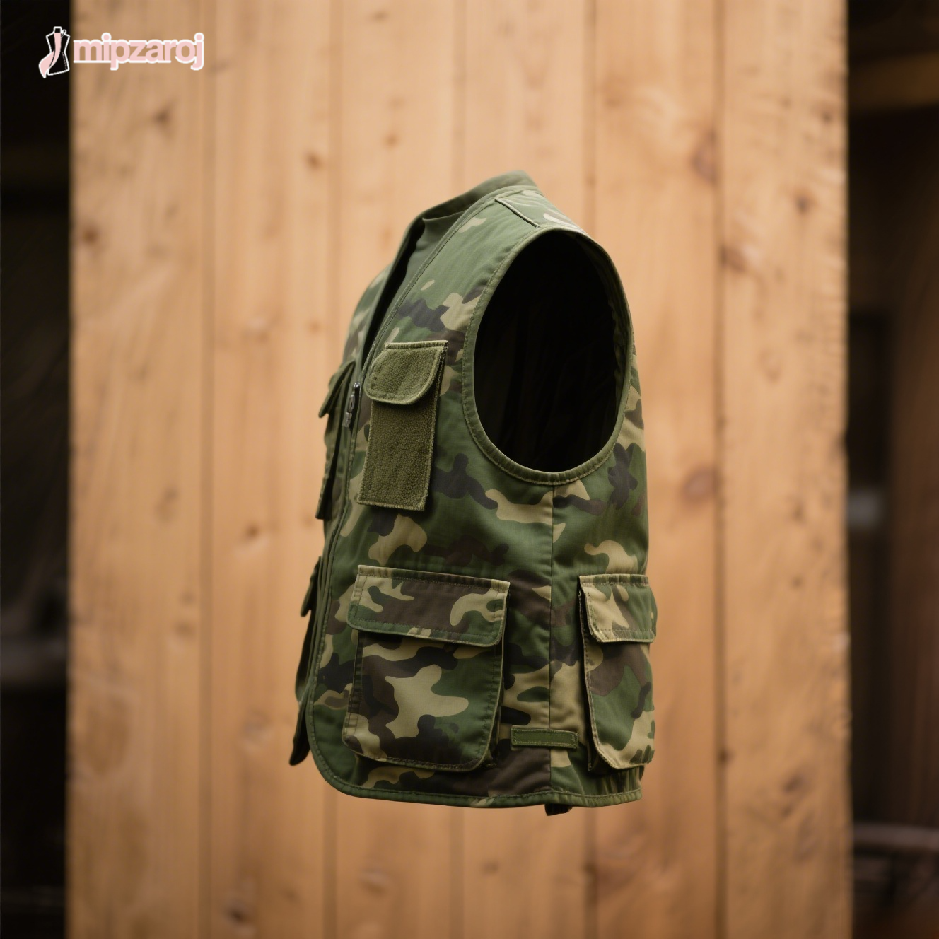 軍緑色の迷彩ベスト