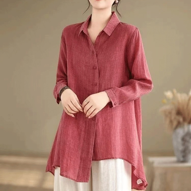 レディースコットンリネン長袖シャツ