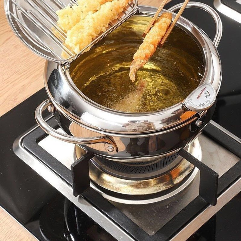 ステンレス製フライヤー、カバーと温度計付き、天ぷらフライヤー、家庭用油フィルターラック、オイルパン