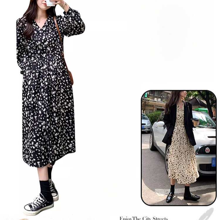 Vネック花柄ロングワンピース