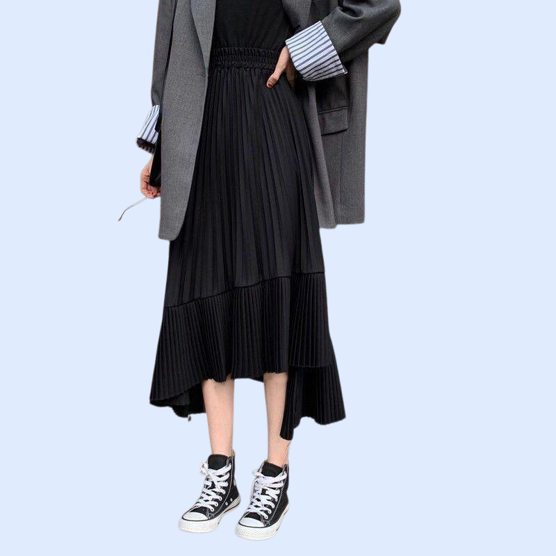 여름 하이웨이스트 디자인 플리츠 미디 스커트 여성용