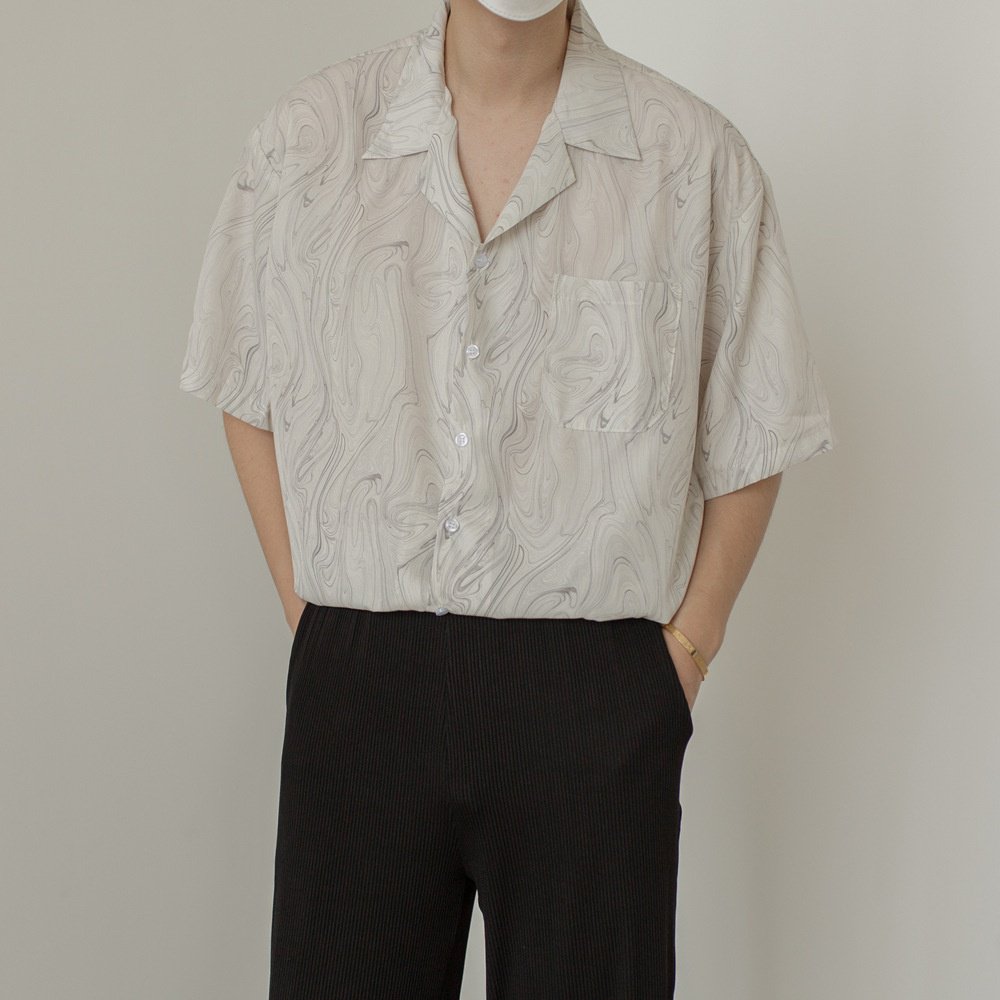 남자 빈티지 루즈핏 반팔 셔츠 커플 논스톱 실키 셔츠 잔꽃무늬 셔츠 남자 빈티지 반팔 셔츠 실키 박시 커플 셔츠