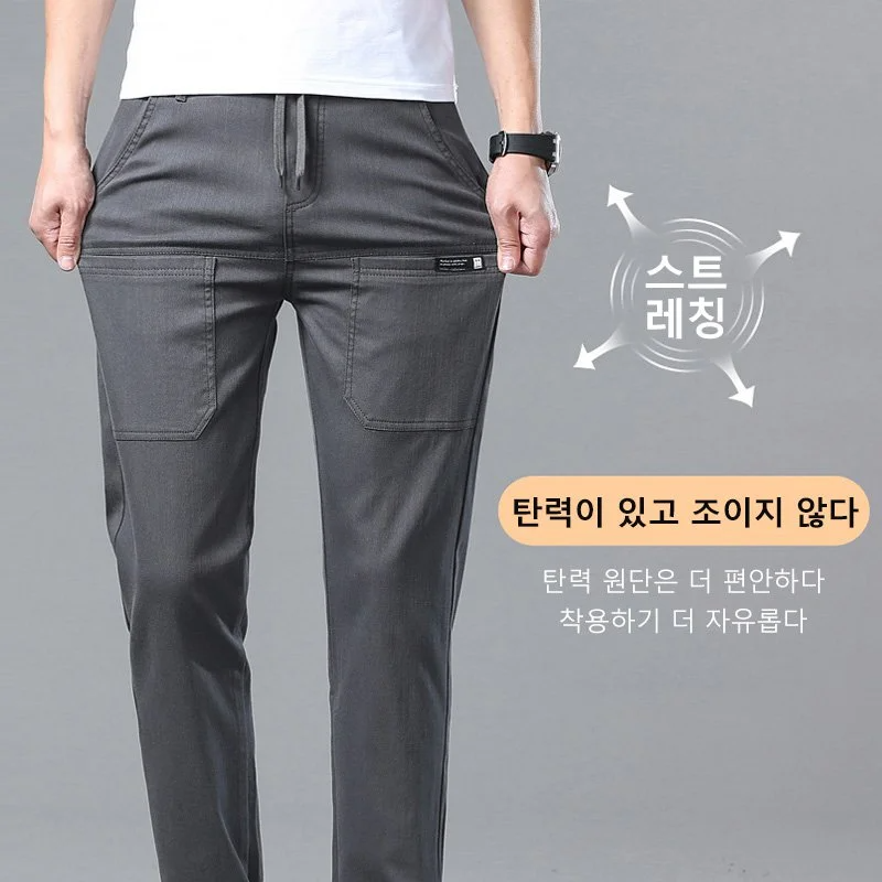 남자 여름 캐주얼 팬츠 작은 일자 아이스 원단 고탄력 팬츠 디자인 남자 데님라이크 6포켓 밴딩 허리 얇은 캐주얼 팬츠