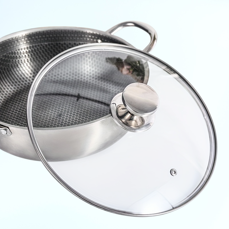 蓋とダブルハンドル付きの新しいステンレススチール製ハニカム鍋、平底スープ鍋、ノンスティックパン、電磁調理器用ユニバーサル