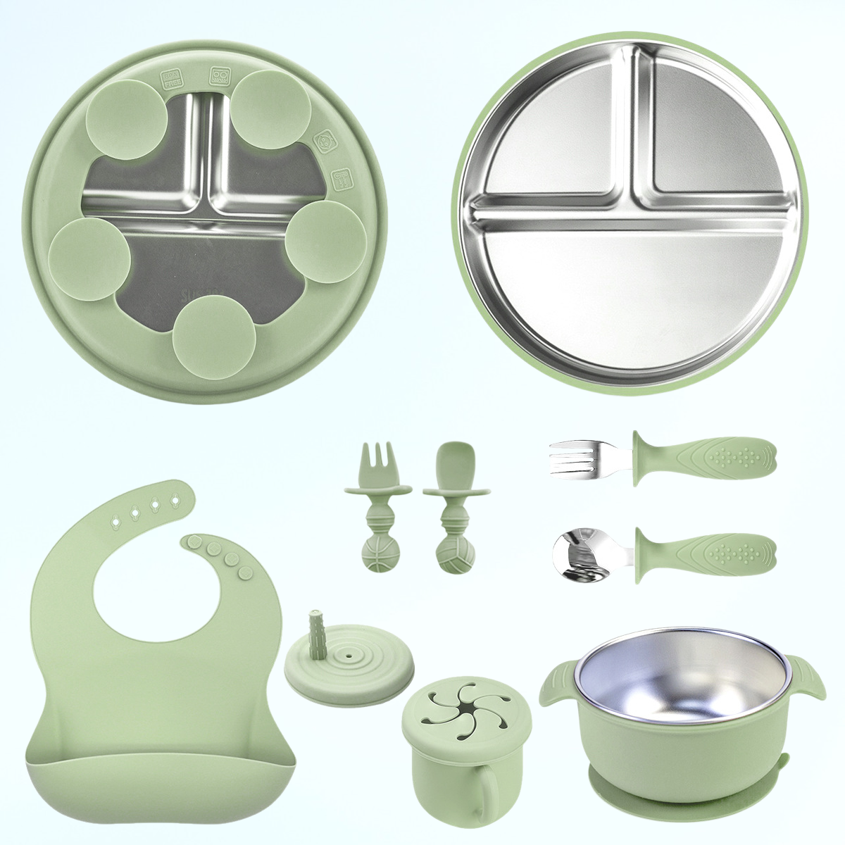 ベビーフードボウル 304ステンレススチール ベビー唾液ポケット シリコンスプーン 子供用食事専用ボウルとプレートセット