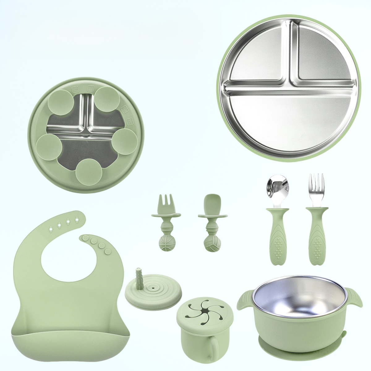 ベビーフードボウル 304ステンレススチール ベビー唾液ポケット シリコンスプーン 子供用食事専用ボウルとプレートセット
