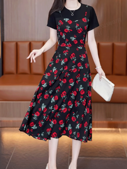  여성용 플라워 패턴  페이크 투피스 스커트