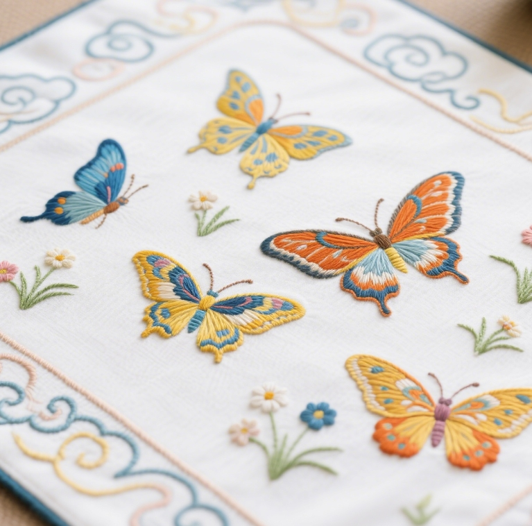 Le processus de broderie papillon brode une variété de motifs exquis pour broder le set de thé