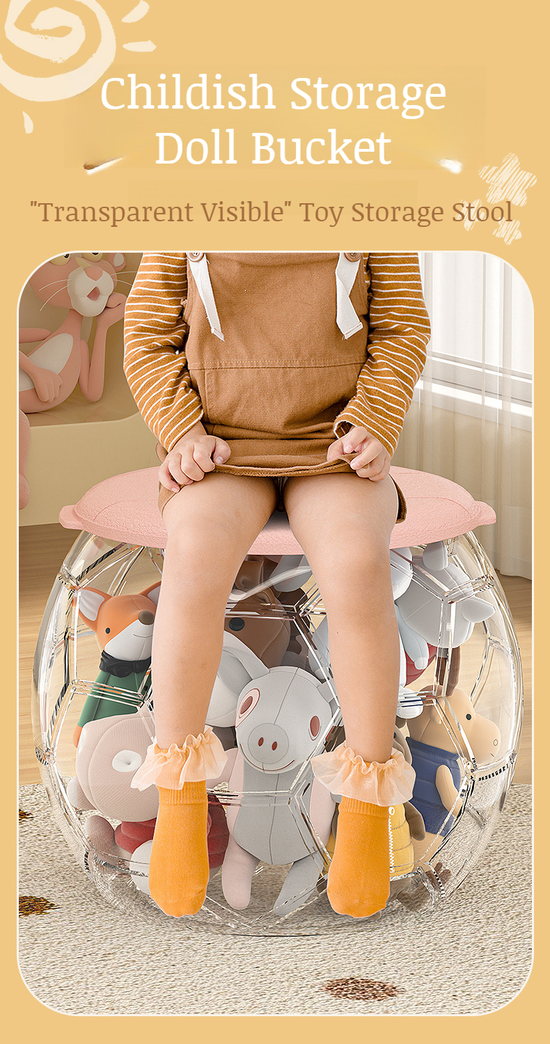 Clear doll storage bucket used in children's playroom