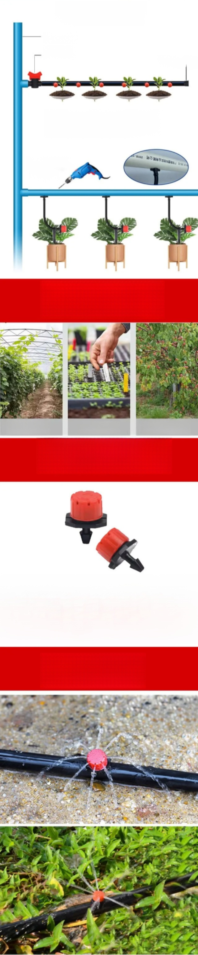 Nahaufnahme des Tropfbewässerungsstrahlers mit Wasserfluss