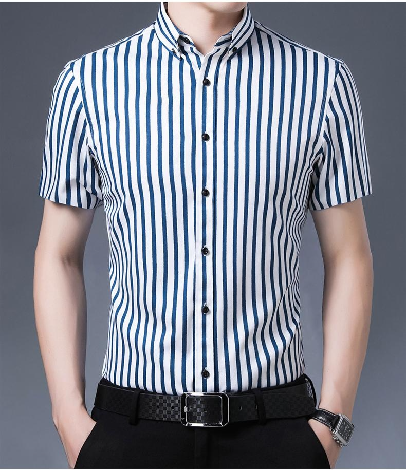 涼しい素材のストライプ半袖メンズシャツ