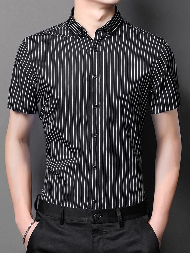 夏用ノーアイロン・シワ防止ストライプ半袖メンズシャツ