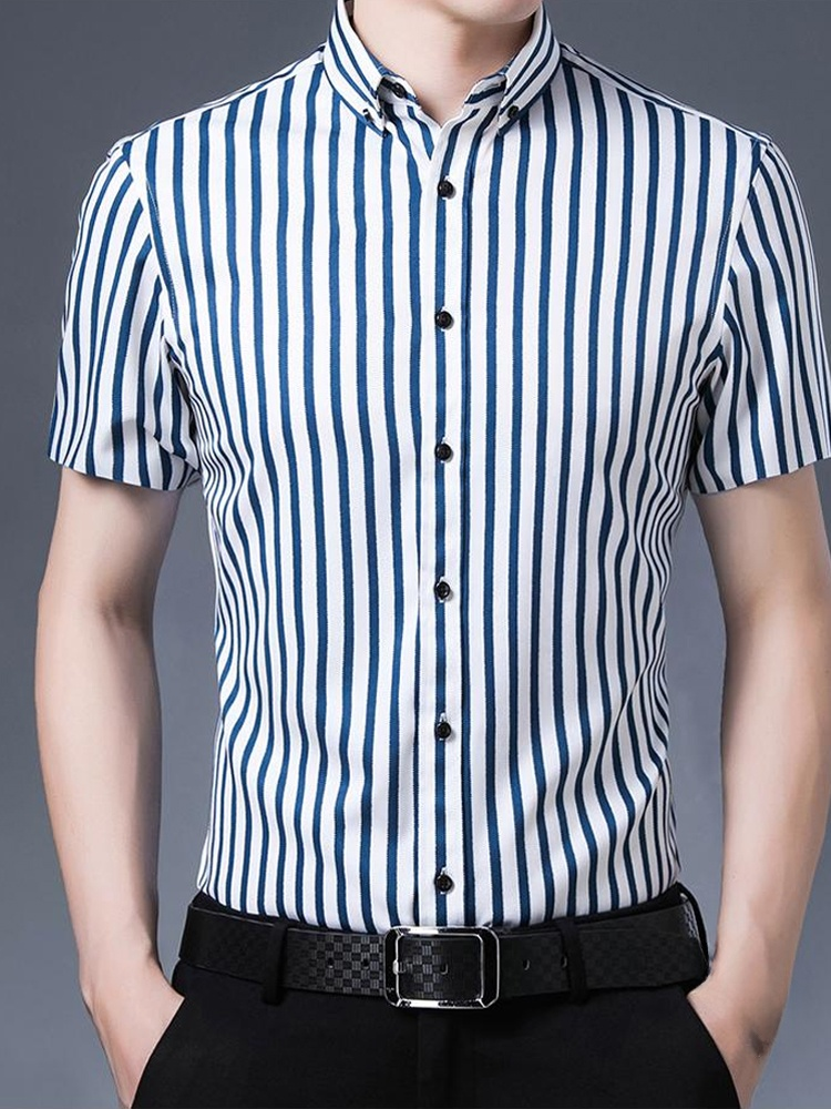 夏用ノーアイロン・シワ防止ストライプ半袖メンズシャツ