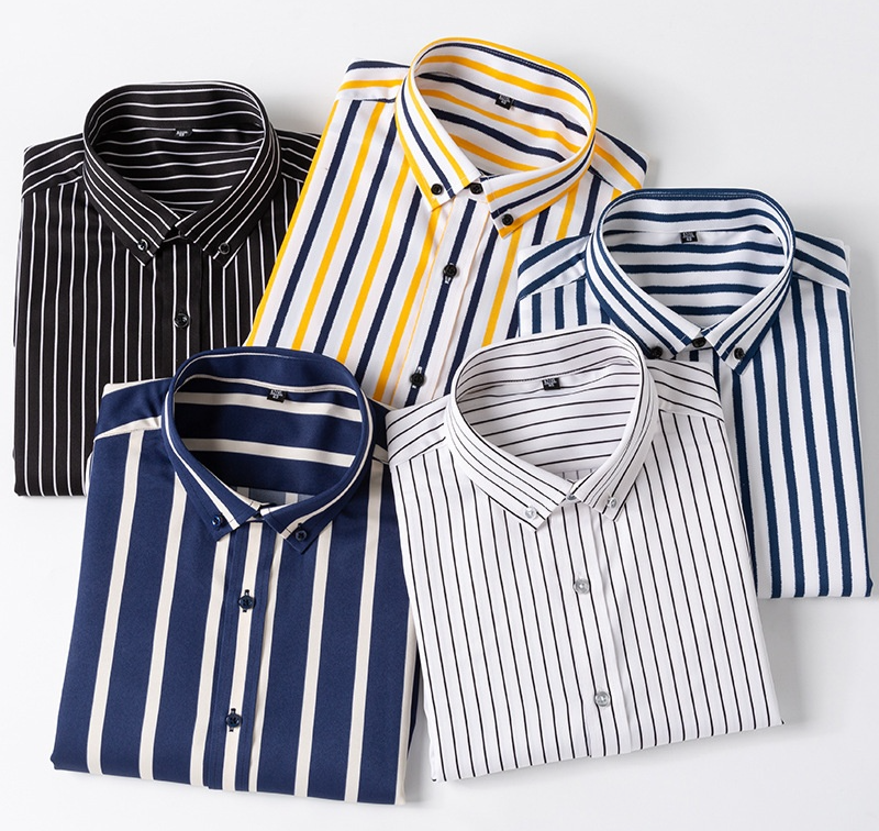 夏用ノーアイロン・シワ防止ストライプ半袖メンズシャツ正面画像
