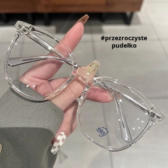 Damskie okulary w czarnych oprawkach, antyniebieskie, jasne, duże, płaskie okulary z ramkami w stylu