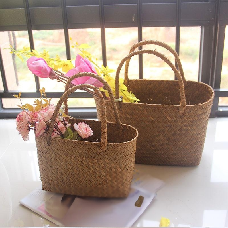 Flower straw woven basket gardening succulent plant handbag flower ba