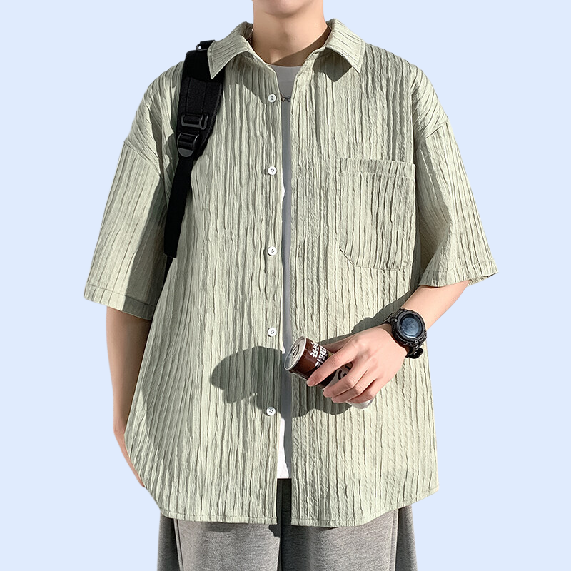 여름 캐주얼 세로 스트라이프 오픈카라 질감 루즈핏 반팔 셔츠 남성