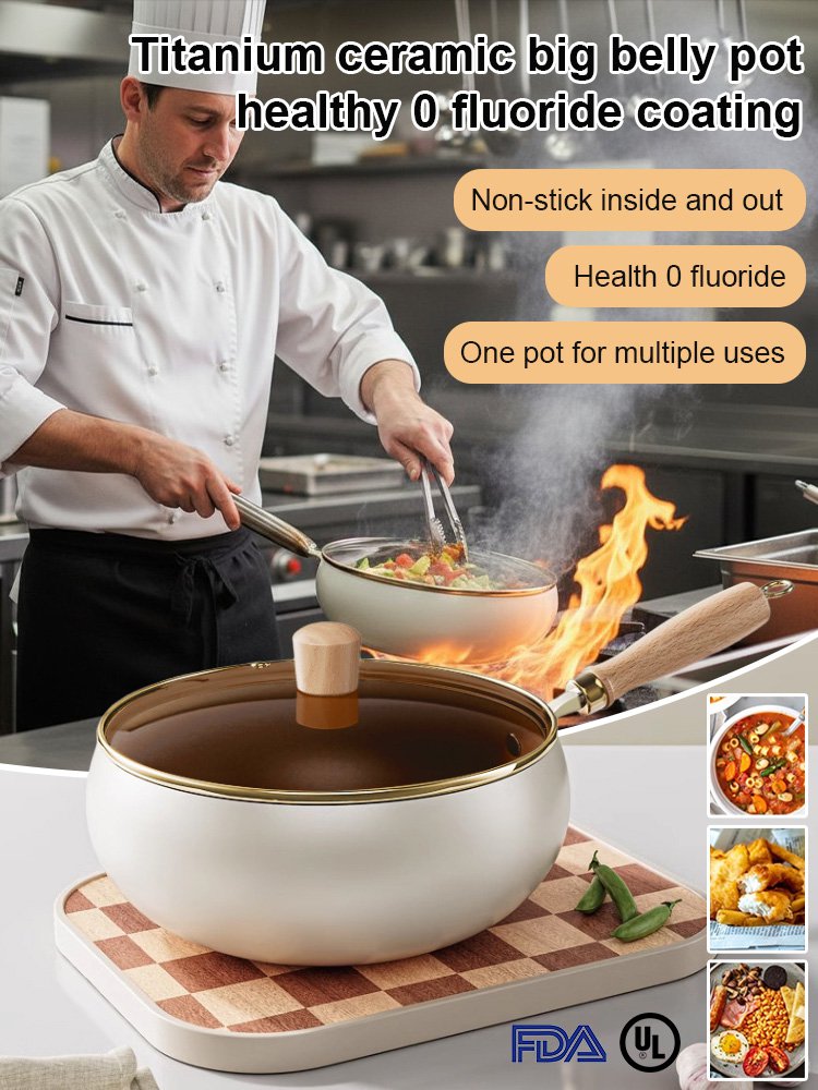 [Uncoated, Stove Compatible] Multifunctional Titanium Ceramic Large-Bellied Non-Stick Pan