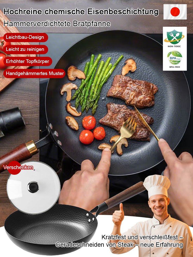 Handgeschmiedete japanische Eisen-Bratpfanne (beschichtungsfrei, mit verstärktem flachen Boden