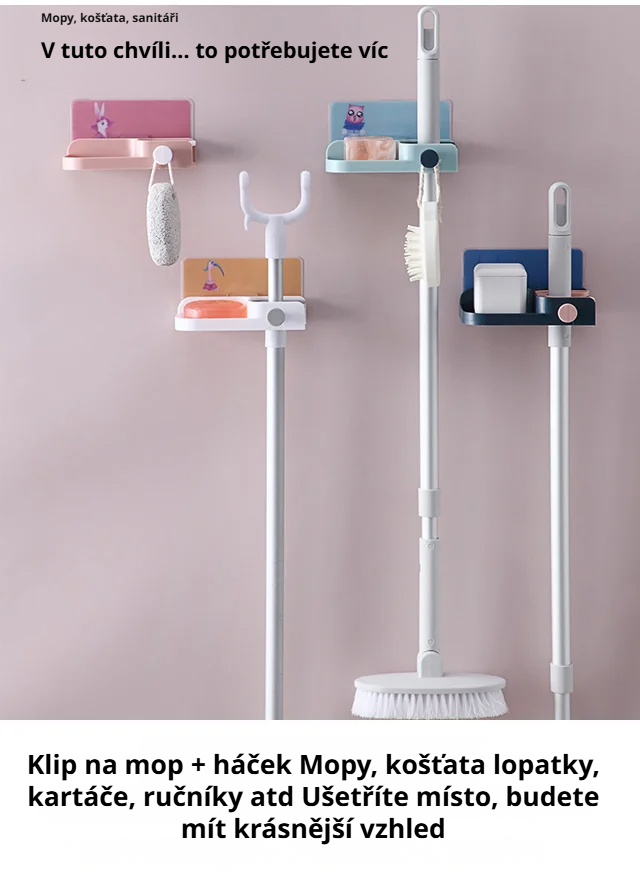 Multifunkční držák na mop montovaný na zeď
