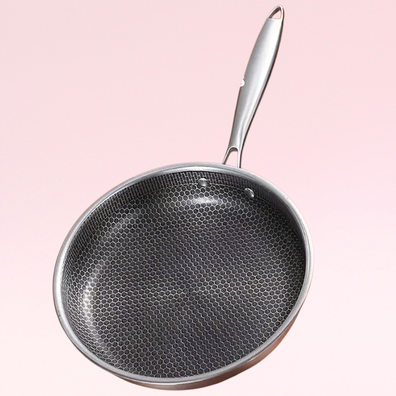 주방 가정용 스테인리스 스틸 허니콤 플랫 바텀 프라이팬 가정용 계란 프라이 스테이크 노스틱 프라이팬