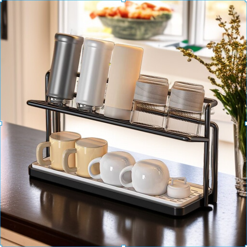 Cup rack storage rack kitchen table countertop water cup double layer drain tray rack