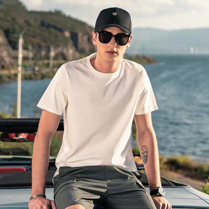メンズ・サマーボトム・シャツ ハーフ・スリーブ・ピュア・ホワイト半袖Tシャツ インナー メンズ シルキー清涼感 アイスコットン ボトムシャツ