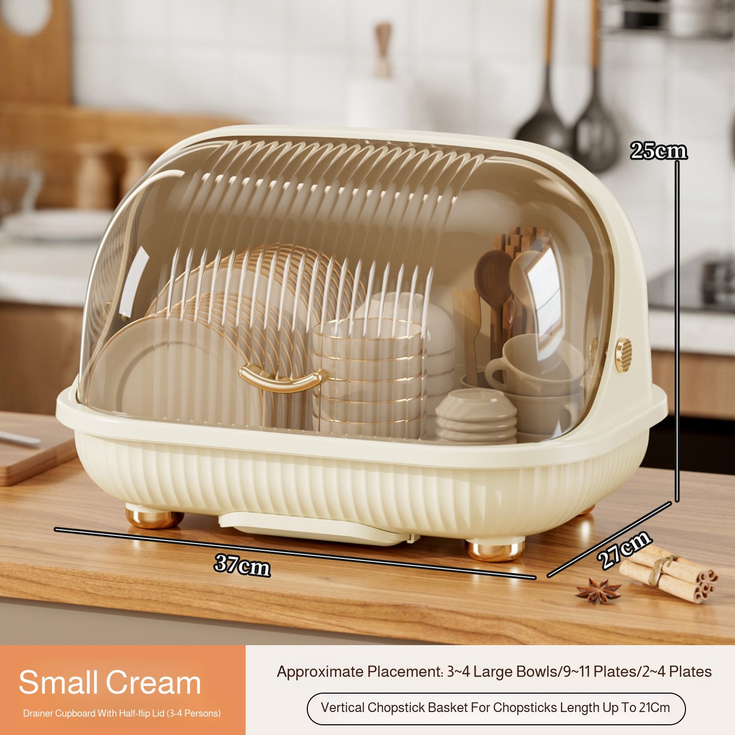 Large lidded kitchen dish storage box with draining dish rack