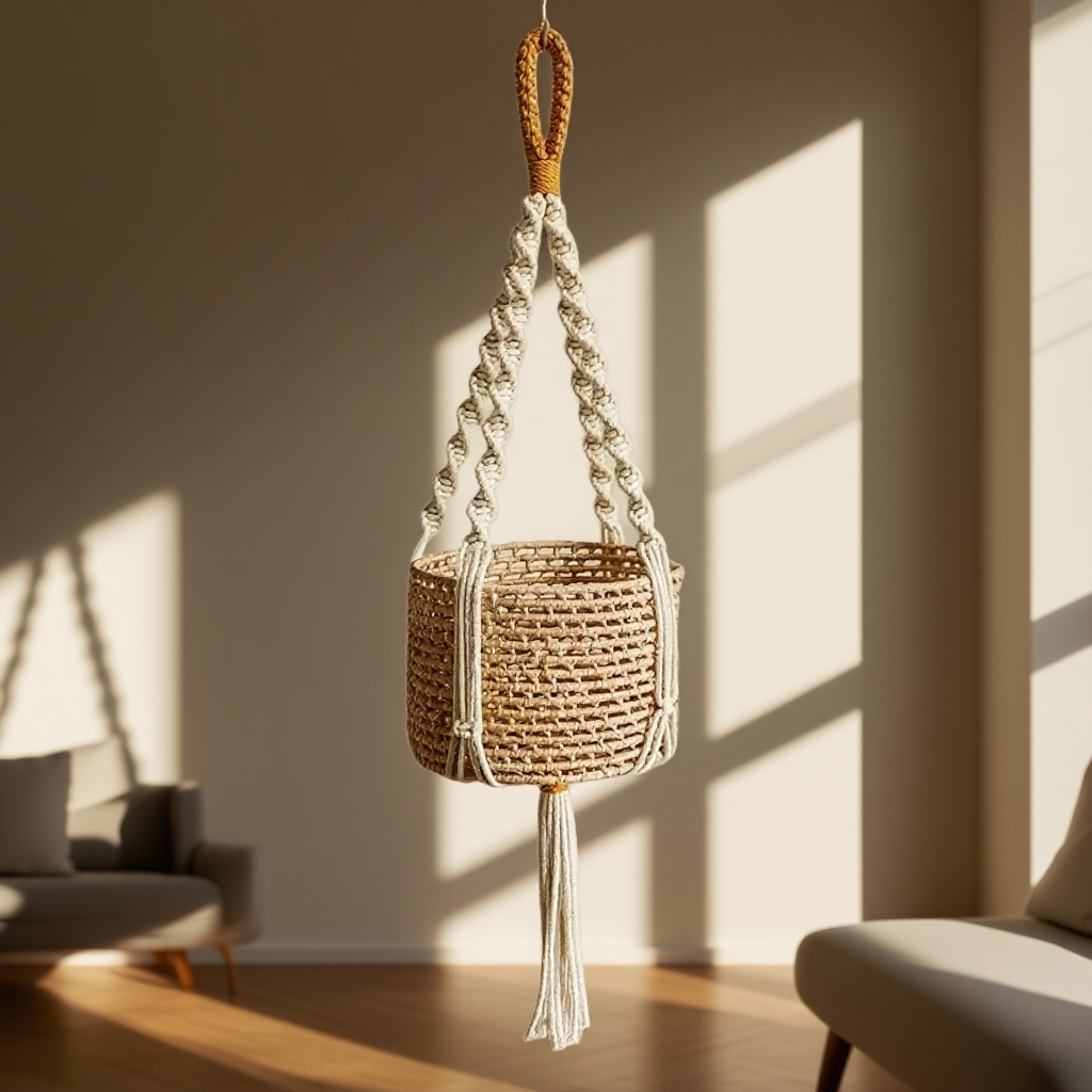 手織り植木鉢メッシュポケット コットンロープハンギングバスケットウォールデコレーションハンギング フラワーポット・メッシュポケット