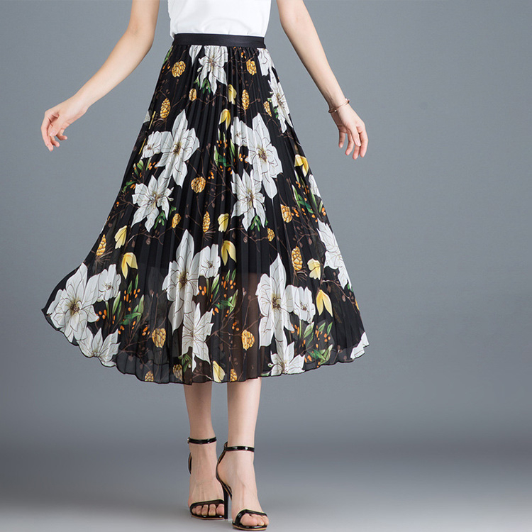 【プリーツスカート】快適な２層設計、大人の花柄、Aライン