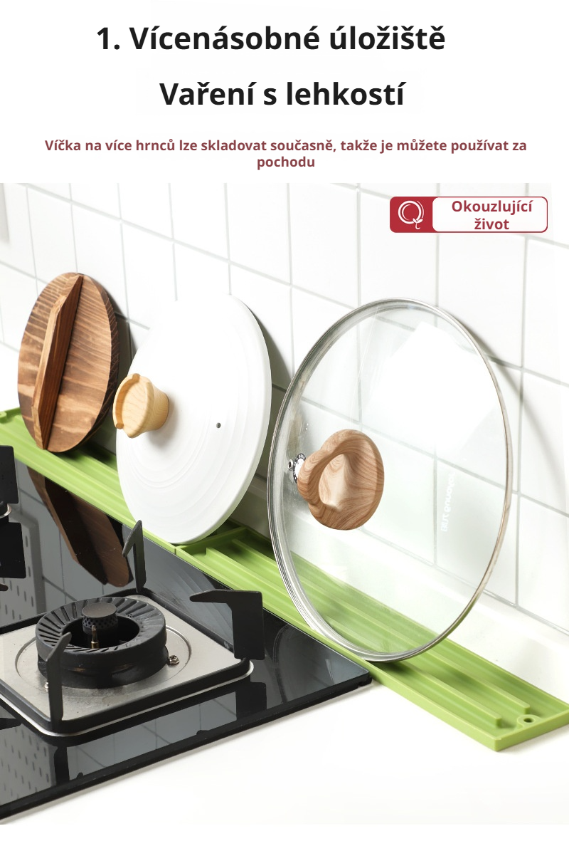 Silikonový protiskluzový organizér na pokličky hrnců v moderní kuchyni